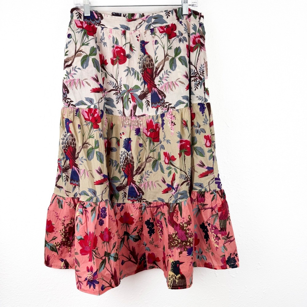 Dylan Pheasant Floral Tiered Midi Skirt Medium Boho Bird Print Botanical Pink